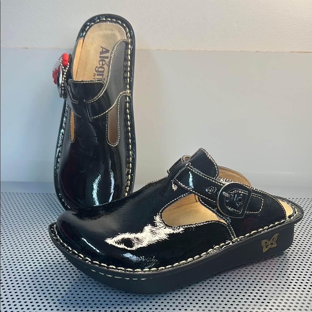 Alegria Black Shoes with Glossy Finish and Adjustable Buckle
